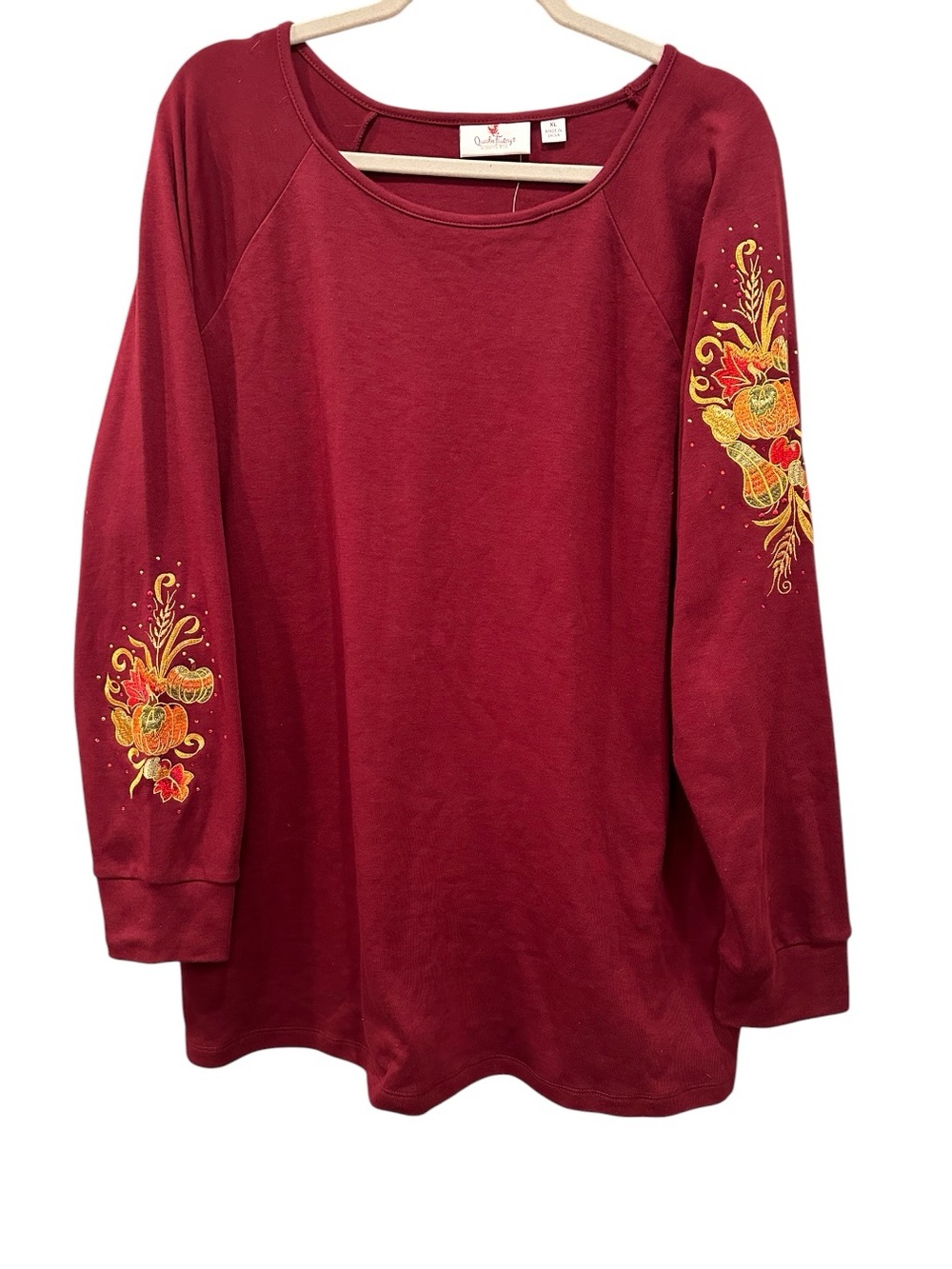Quacker Factory Wine Red Tee Fall Embroidery Harvest NWT Sz XL Festive